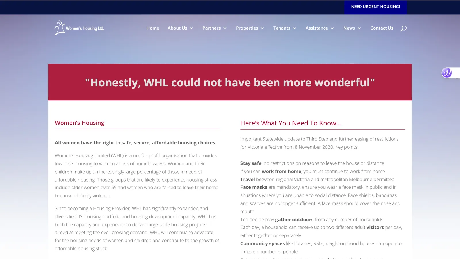 The Women's Housing website before the redevelopment